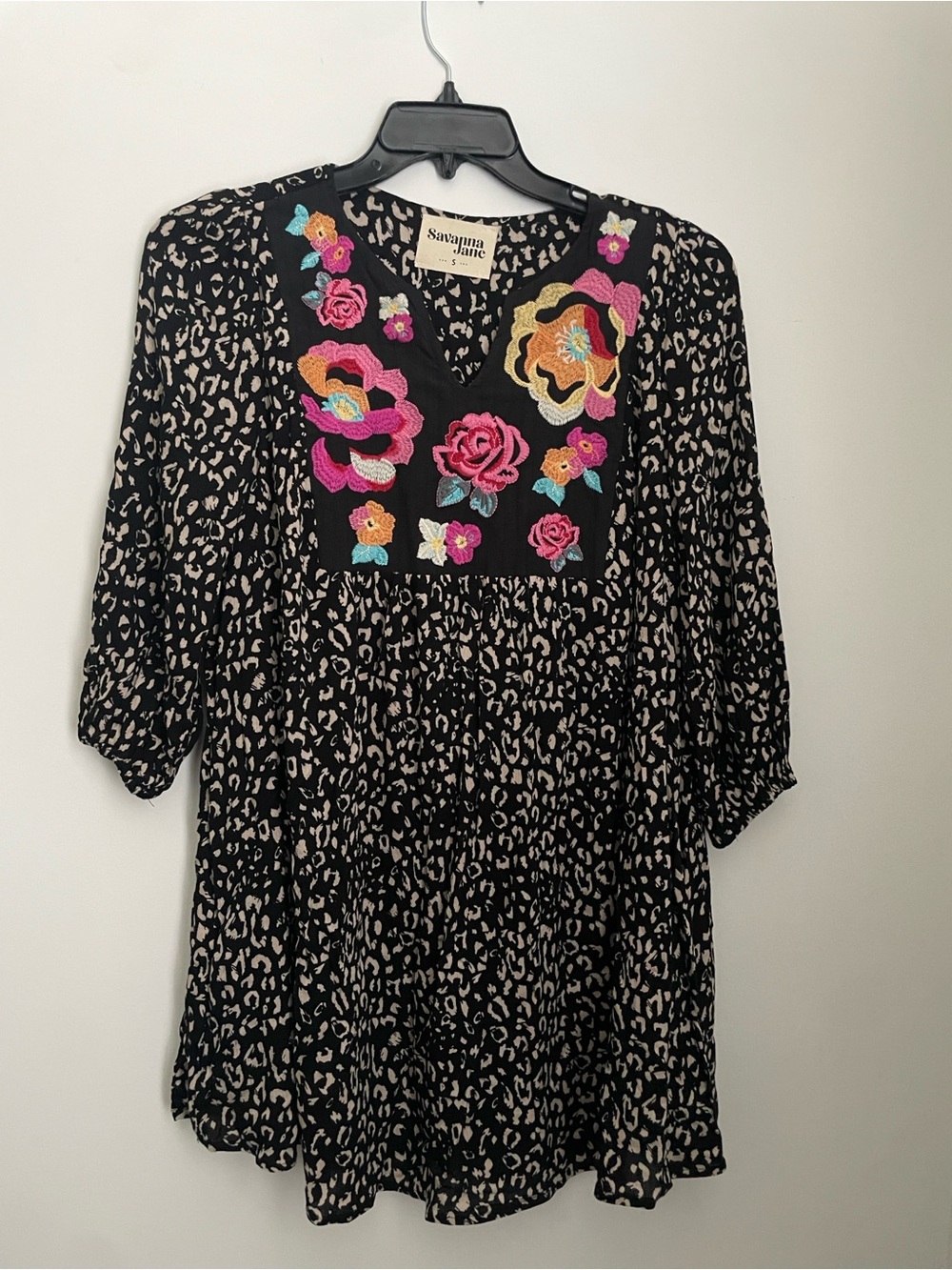 Savanna Jane L Tunic Dress Black Animal Print Floral Embroidered